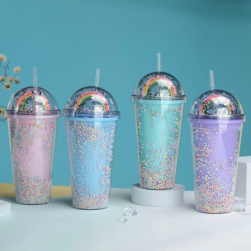 Cốc Đựng  Nước, Cốc Uống Nước CẦU VỒNG 2 lớp cách nhiệt Kèm Vòi Hút