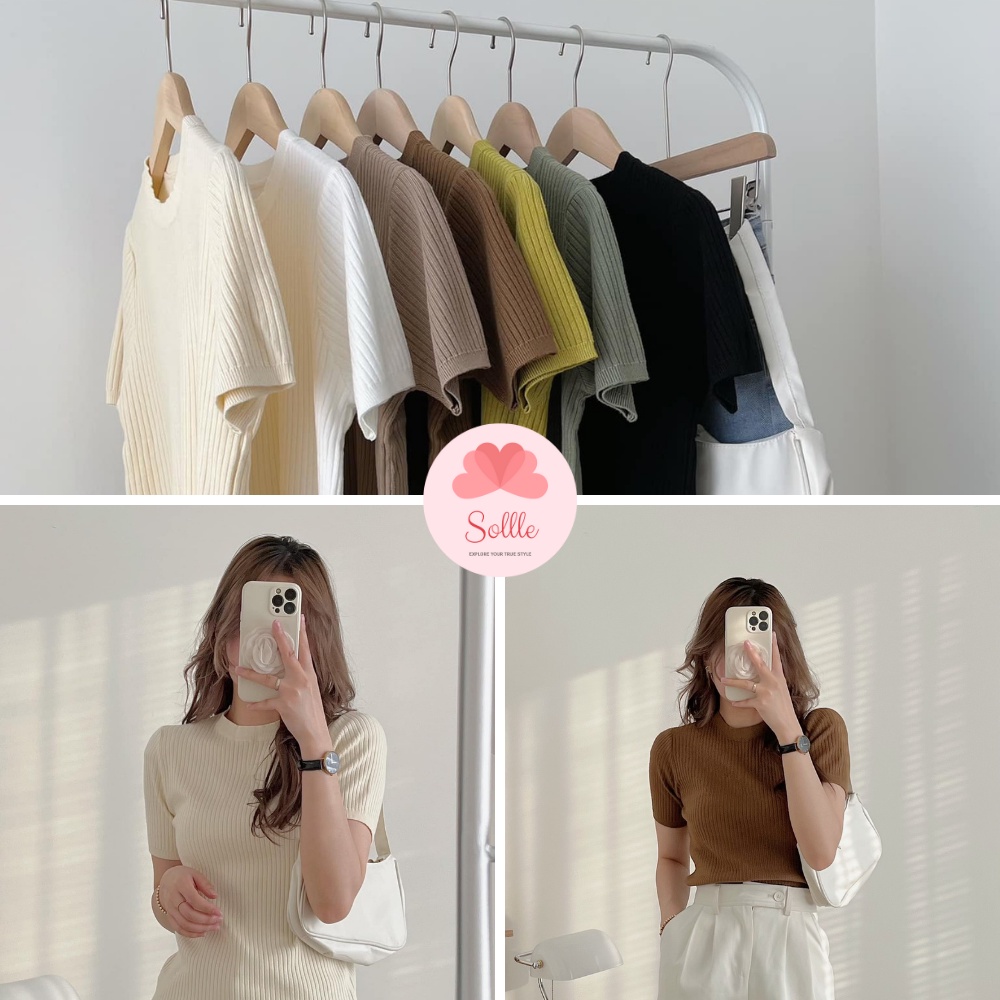 Áo len mongtoghi trơn cổ tròn ngắn tay gân dọc hè thu basic nhiều màu Hàn Quốc Sollle