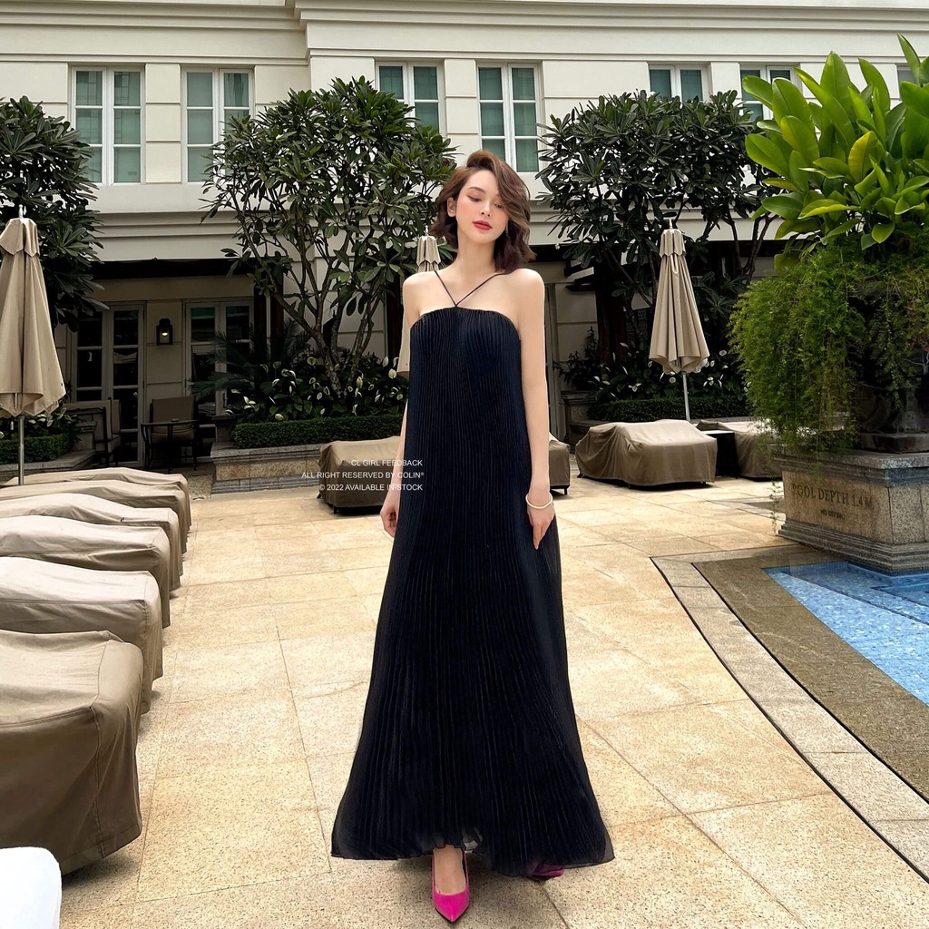 Đầm maxi yếm nữ voan ánh kim dập ly quạt quyến rũ