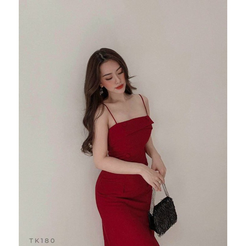 Y HÌNH - ĐẦM BODY ĐỎ 2 DÂY PHỐI NÚT BỌC XẺ TÀ