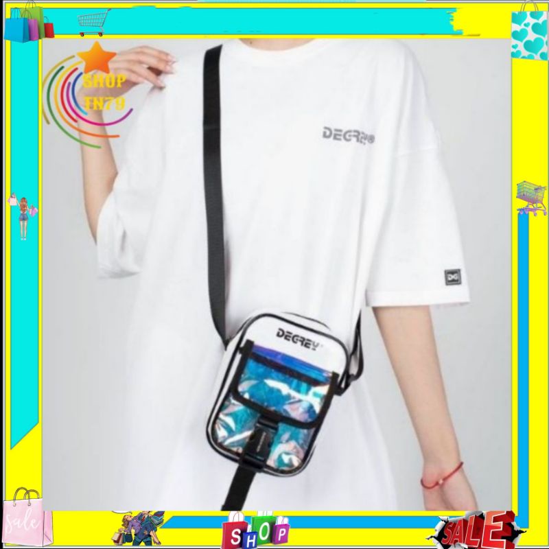 [CÓ ẢNH THẬT] Túi đeo chéo Unisex Degrey Màu Đen Trắng chất liệu da PU bóng sáng phong cách Hàn Quốc thích hơp nam nữ