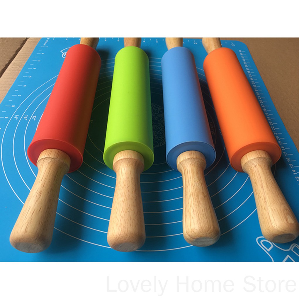 Cây lăn bột làm bánh silicone tay cầm bằng gỗ tiện lợi dành cho nhà bếp