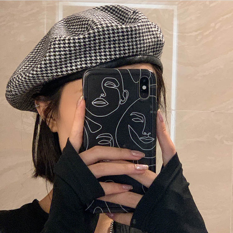 Mũ beret co giãn in họa tiết Houndstooth phong cách Hàn Quốc cho nữ