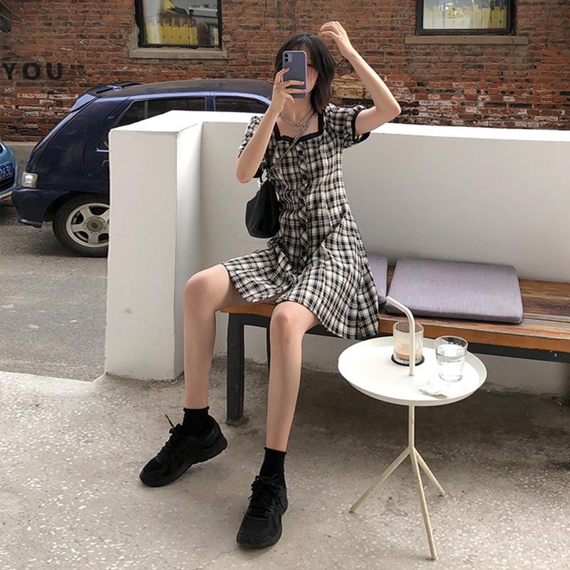 Váy Nữ New Korean Dress Square Collar A-line Short Sleeve Dress