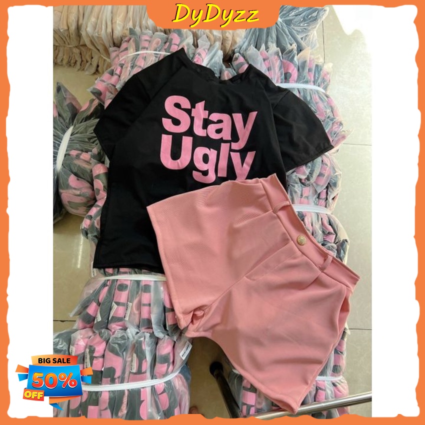 [Sales FreeShip] Set Bộ Áo Cotton In Chữ Stay Kèm Quần Xinh Xắn Cho Chị Em Phụ Nữ Năm 2022