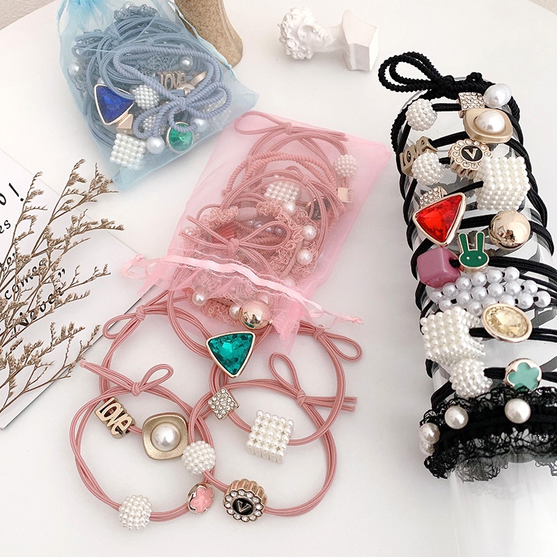 Bộ 11 Dây Cột Tóc Cao Su Đính Ngọc Trai Dễ Thương Phong Cách Hàn Quốc