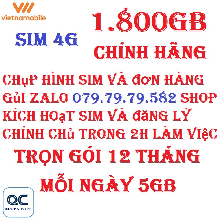 Sim 4G vietnamobile 1,800GB trọn gói 12 tháng không cần nạp tiền