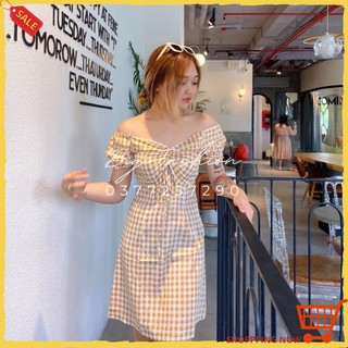 Đầm Dáng Xòe Ngắn Tay Phồng Sọc Caro Váy Đi Chơi Phối Dây Rút Ngực Phong Cách Retro Nữ Tính Dễ Thương Dễ Mặc Big Fashion