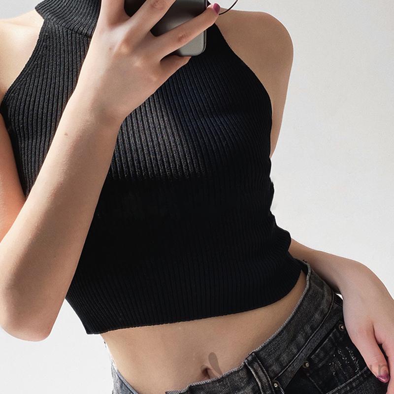 Áo Crop Top Dệt Kim Cổ Tròn Không Tay Màu Trơn Có Gân Cho Nữ