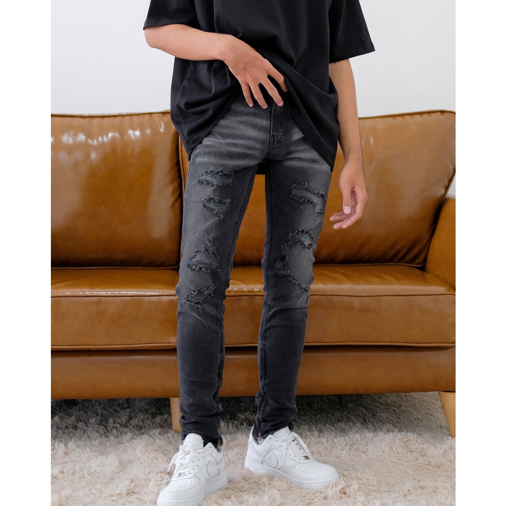 Quần jean nam cao cấp streetwear AMA màu đen wash form slimfit chất jean co giãn thoải mái.