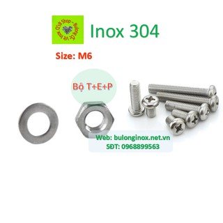 Vít pake đầu tròn inox size M6 (bộ T+ E+P), ốc 4 cạnh đầu  cầu inox, ốc vặn tua vít đầu tròn thân bulong, inox 304