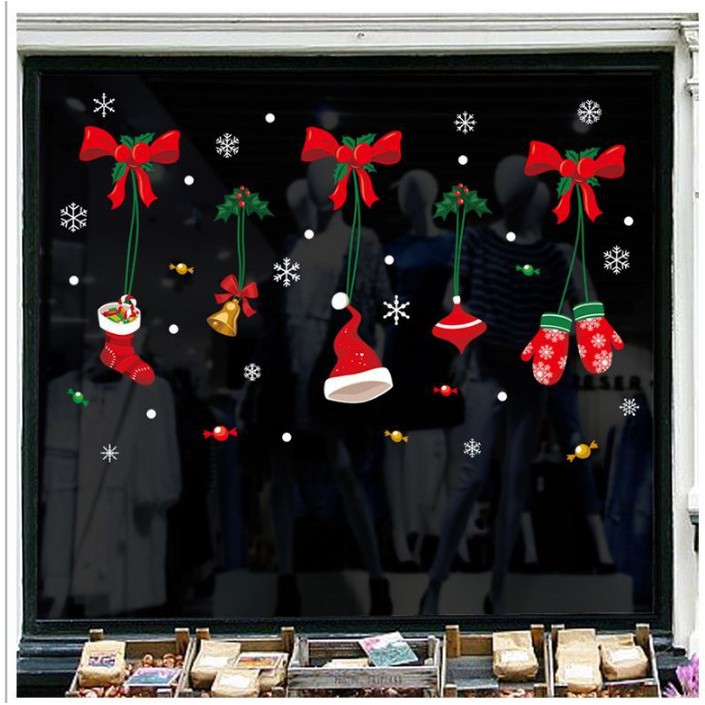 Decal trang trí noel rèm nơ vớ và khăn tay đỏ