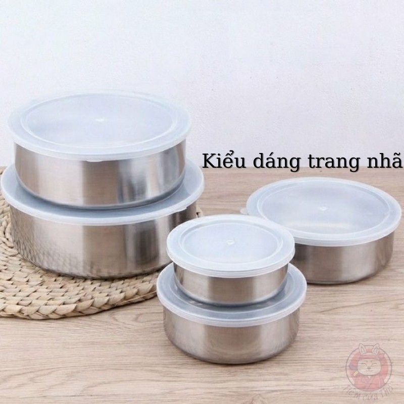 Bộ 5 bát (thố) bằng inox không gỉ đựng thực phẩm đủ size 10-18cm có nắp đậy bằng silicone cao cấp