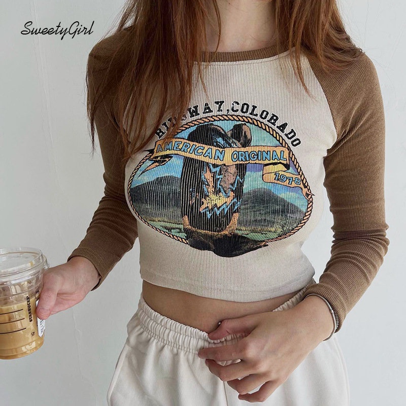 MsMona Áo Thun Tay Dài Cổ Tròn Dáng Ôm In Họa Tiết Hoạt Hình Phối Màu Tương Phản Thời Trang 2022 Cho Nữ