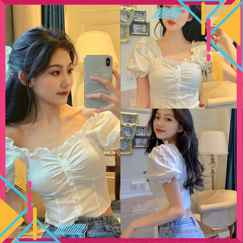 Áo Croptop Tay Ngắn Kiểu Ôm Phối Nút Nhún Bèo Trễ Vai Cổ Vuông Đẹp