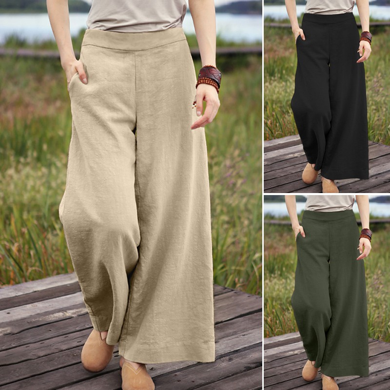 Quần Dài ZANZEA Ống Rộng Màu Trơn Thời Trang Cho Nữ