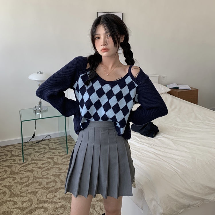 QKOOLE  Áo len dài tay trễ vai họa tiết kim cương phong cách Hàn Quốc thời trang cho nữ