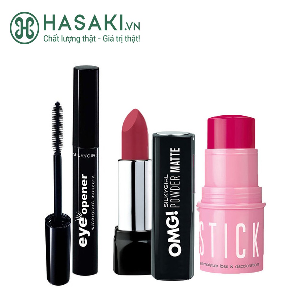 Combo Silky Girl Son Lì Siêu Mịn + Má Hồng Dạng Thỏi + Mascara Chống Thấm Nước Màu Đen