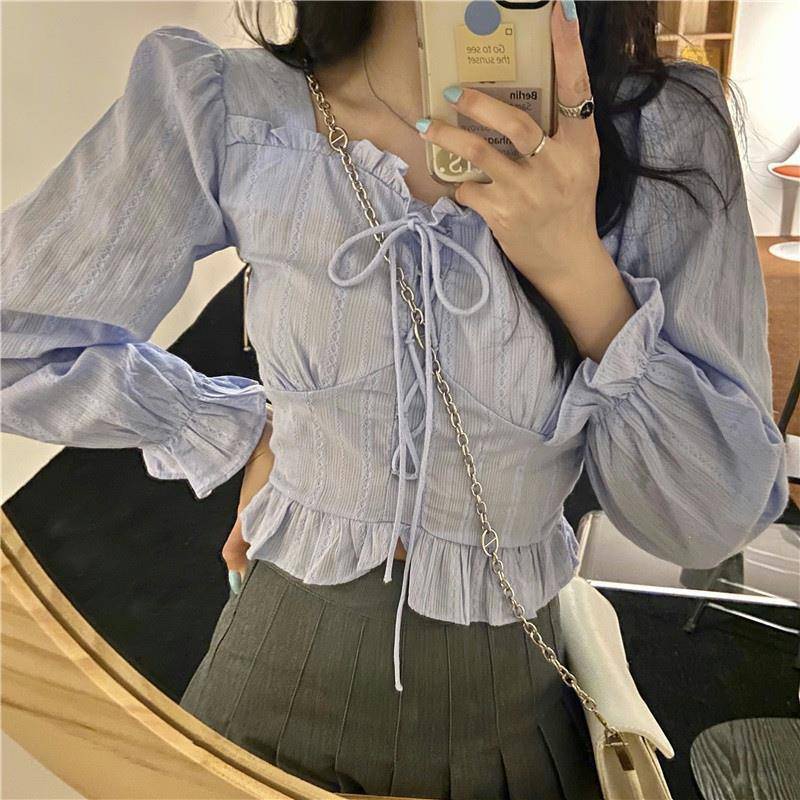 [Augustcloth] Áo tay phồng phồng thắt dây phong cách Hàn Quốc