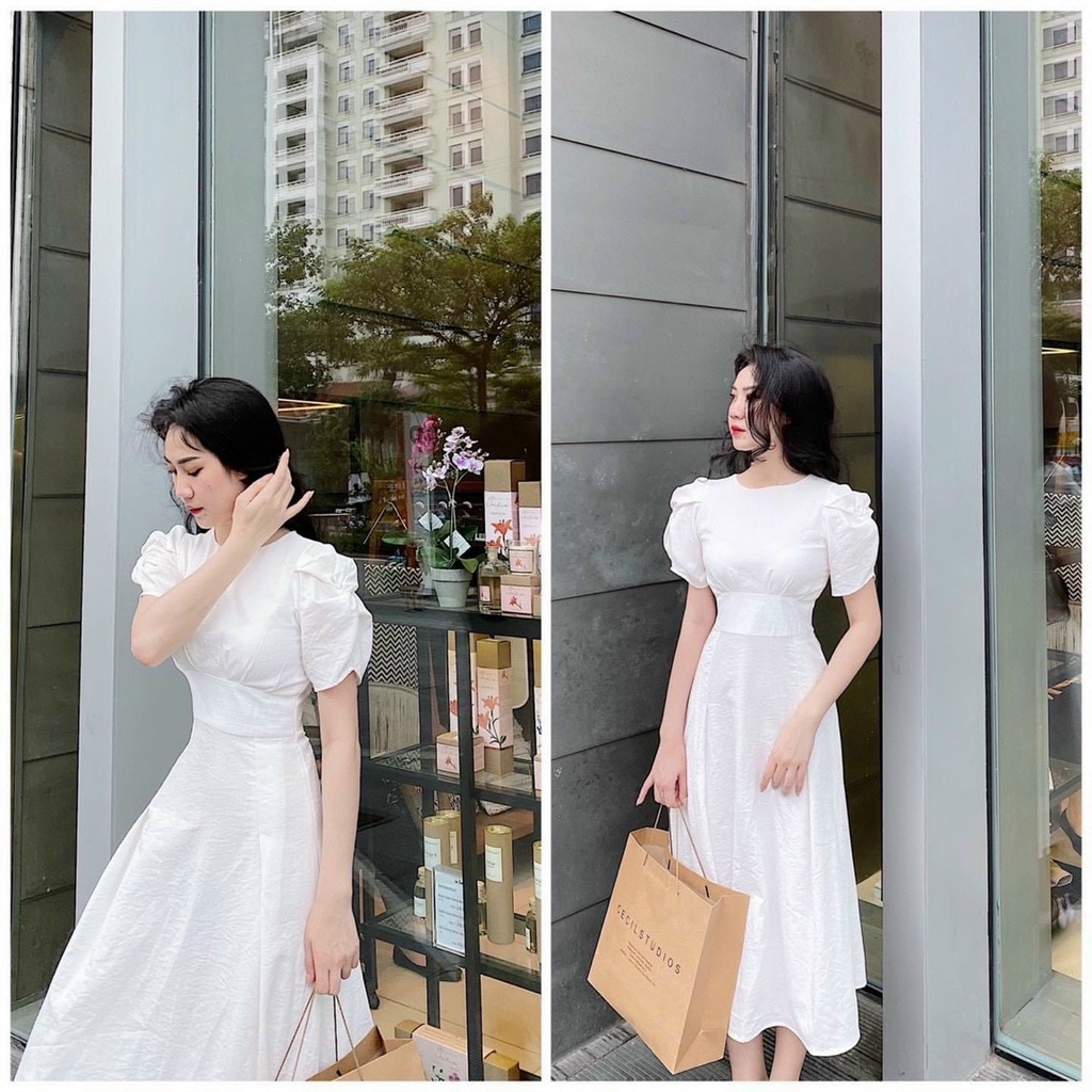 Váy trắng nữ đầm công chúa ôm eo xòe nàng thơ tay phồng đẹp sang chảnh dự tiệc chụp ảnh dạo phố xinh xắn Kawaii Mise