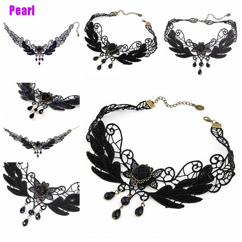 Vòng Cổ Choker Ren Hoa Hồng Đen Đính Hạt Ngọc Trai Phong Cách Lolita