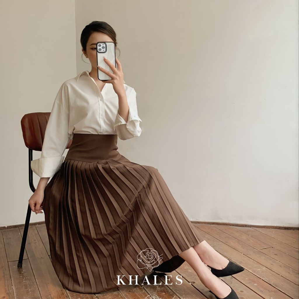 Chân váy xếp ly midi KHALES vải tuyết mưa loại xếp nhỏ 3 màu xám, nâu và đen