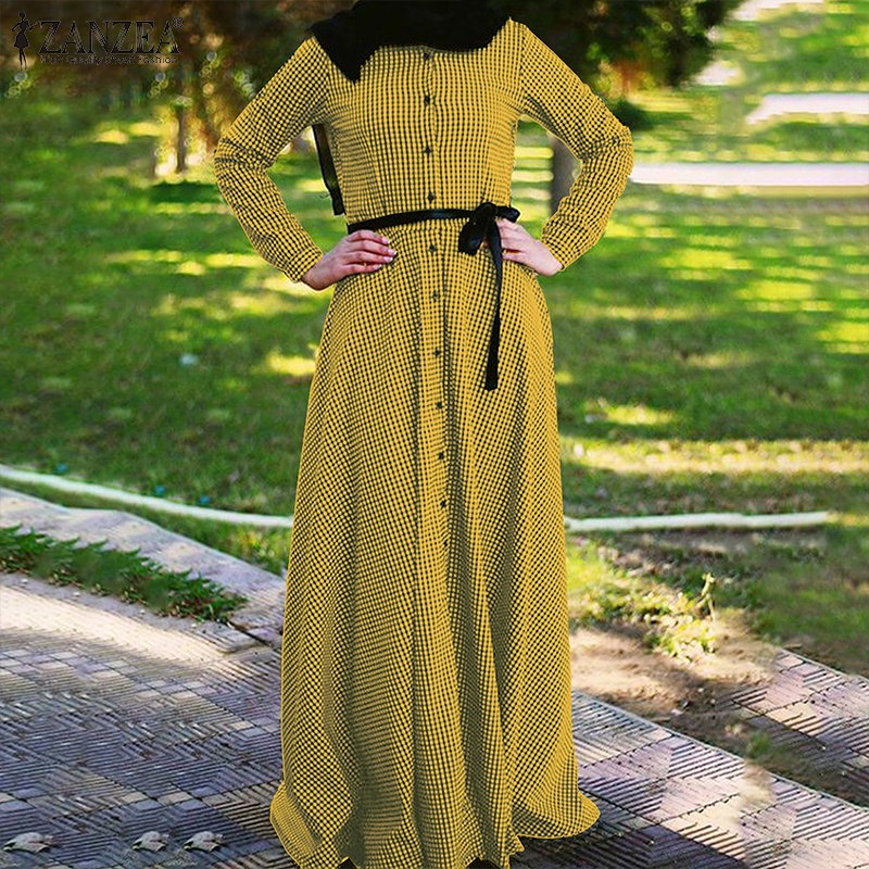 Đầm maxi ZANZEA tay dài cài nút in họa tiết caro thời trang dành cho phụ nữ hồi giáo