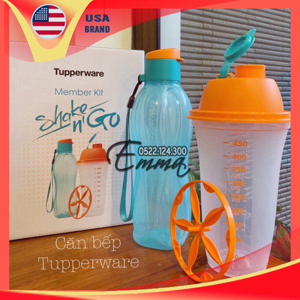 Bộ bình lắc và bình nước nhựa nguyên sinh Memberkit Shake N Go - Tupperware - 500ml - kín khí kín nước