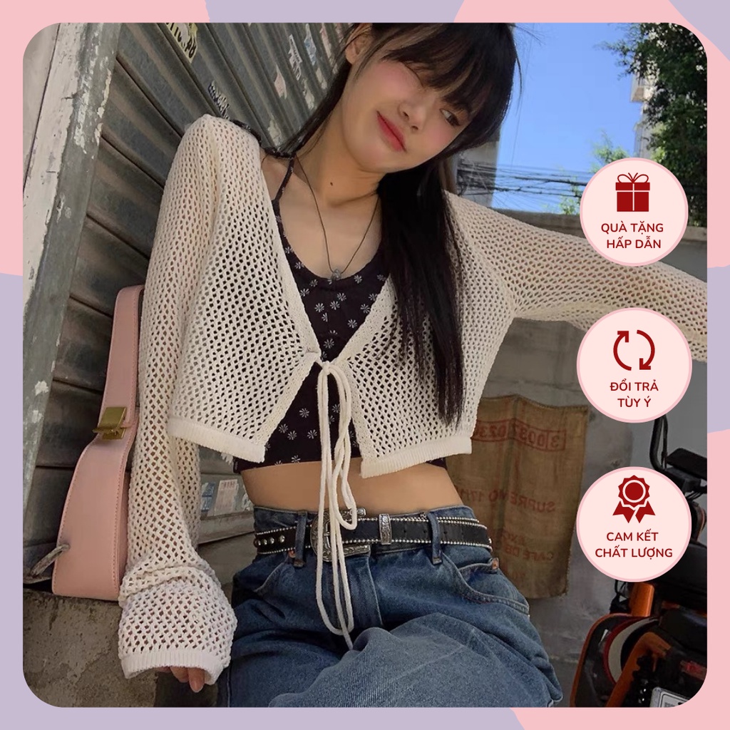Set áo yếm croptop hoa nhí cardigan len mỏng WANAWEAR 2 dây đi biển xinh xắn