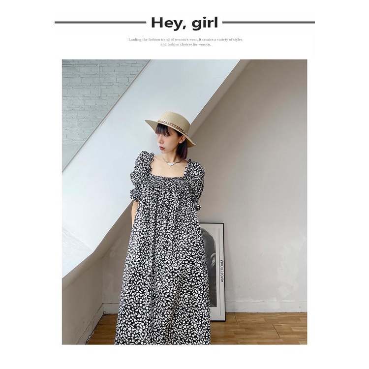 Đầm dài tay phồng họa tiết hoa phong cách retro thanh lịch