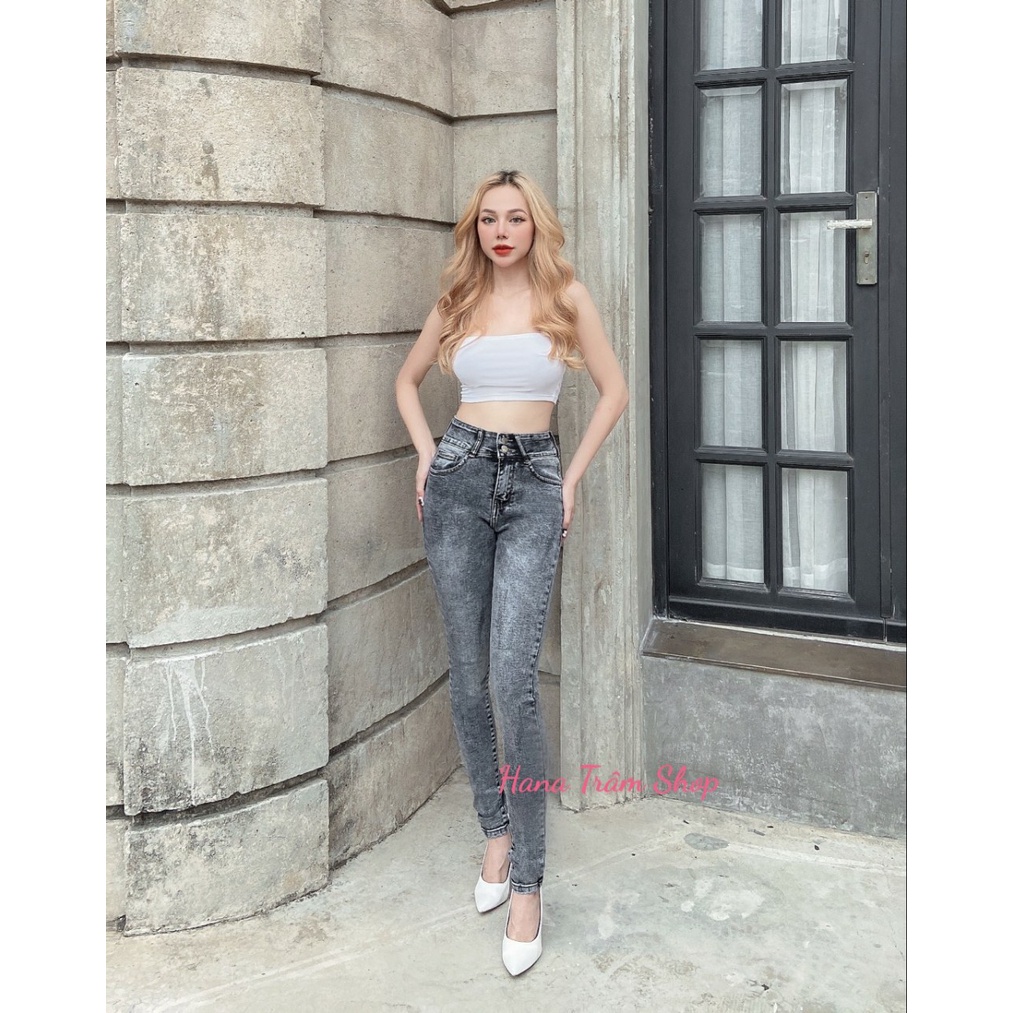 Quần Jean Dài Nữ Lưng Cao Co Giãn 2 Nút Mẫu Trơn Màu Xám Ảnh Mẫu Chụp Thật