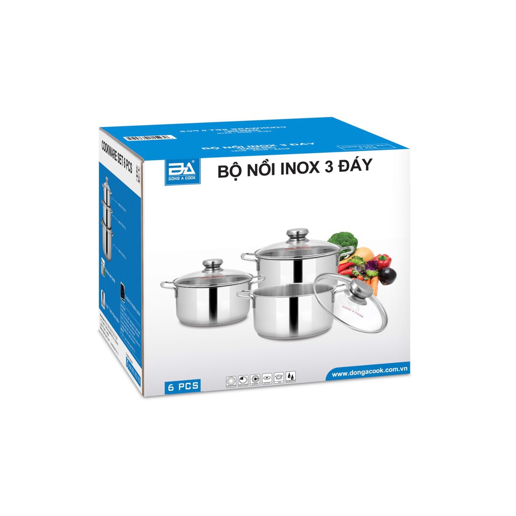 Bộ nồi inox cao cấp nắp kiếng 3 cái Đông Á, quai đúc siêu bền, chống hoen rỉ, chống bám bẩn