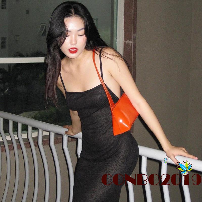 Đầm Dài Hai Dây Không Tay Màu Trơn Hở Lưng Thời Trang Mùa Hè Cho Nữ