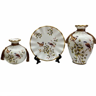 Bộ gốm 2 bình 1 đĩa màu trắng (chim)