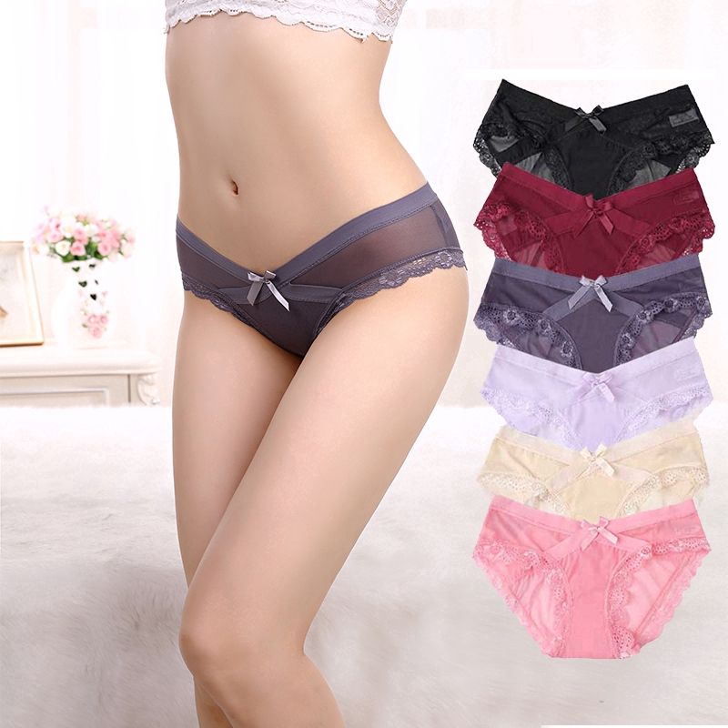 Bow Women Sexy Lace Panties Seamless Underwear Low Waist Briefs Transparent Breathable Comfortable Plus Size