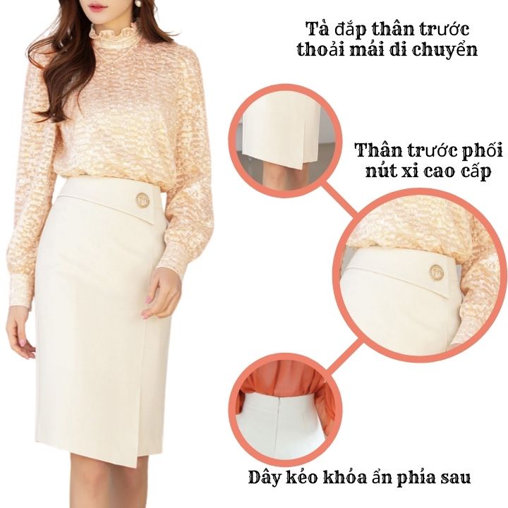Chân Váy Bút Chì Công Sở Tà Đắp Quyến Rũ, Lưng Cao Dáng Dài Phối Nút Sang Chảnh VannhShop CV0071