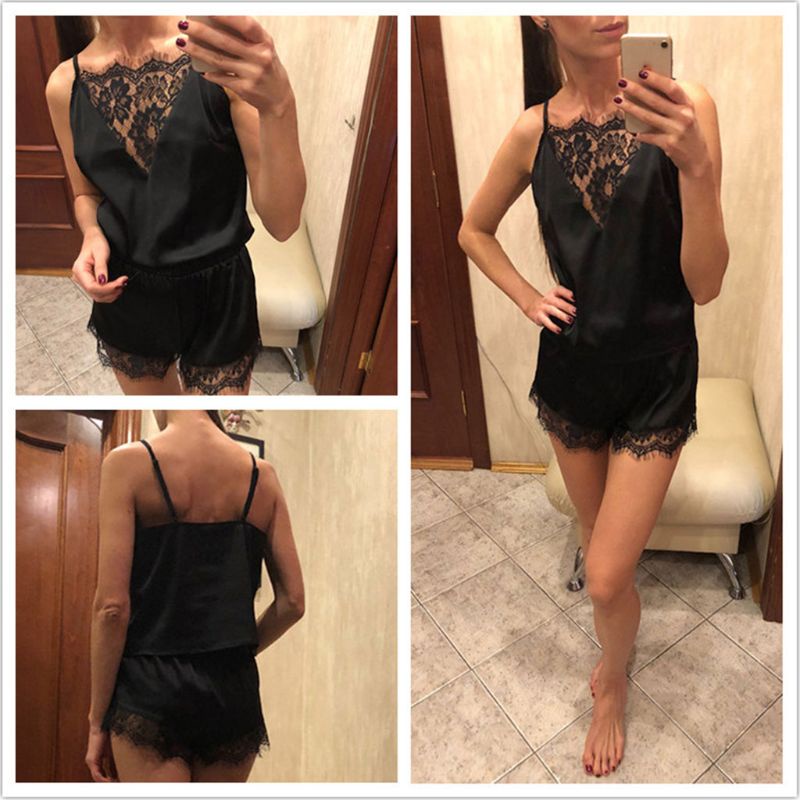 Bộ Đồ Ngủ Bằng Lụa Phối Ren Màu Trơn Quyến Rũ Dành Cho Nữ