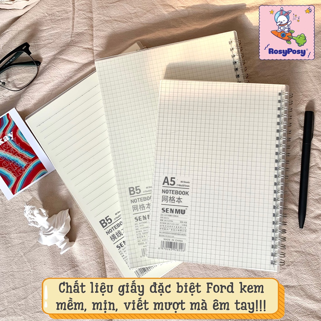 [100% Ảnh Chụp Thật] Sổ Tay Gáy Xoắn Lò Xo Bìa Còng B5/A5/A6 Nhựa Trong Suốt Bullet Journal Chất Giấy Cực Đẹp - RosyPosy