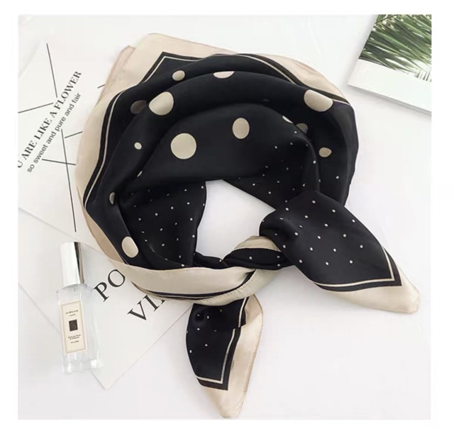 Khăn lụa vuông 70x70 turban quàng cổ,áo khăn yếm bandana thời trang đội đầu chấm bi- Maben