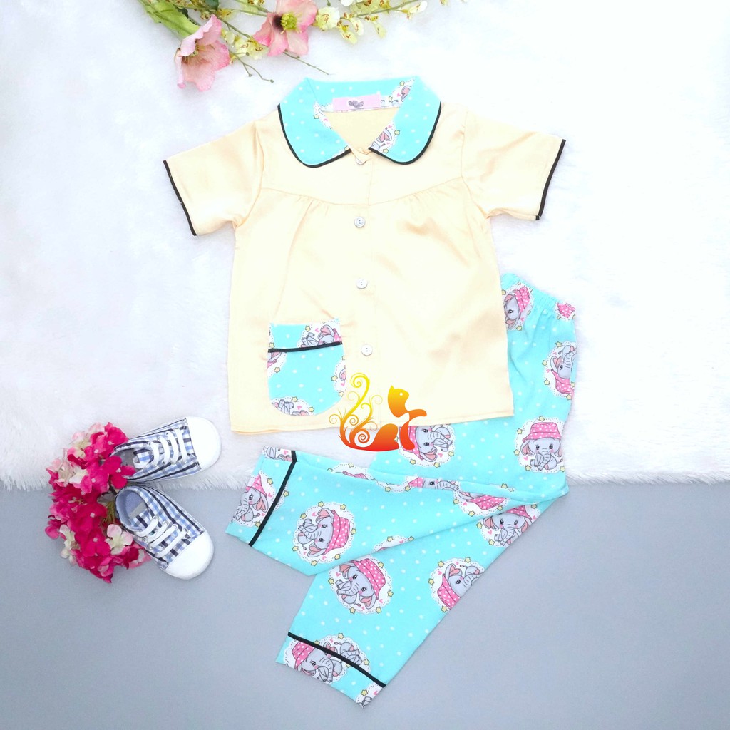 Đồ Bộ Pijama Satin Lụa Hàn &quot;Voi nón hồng&quot; Cổ Tròn Quần Dài Cho Bé - Từ 12kg - 42kg.