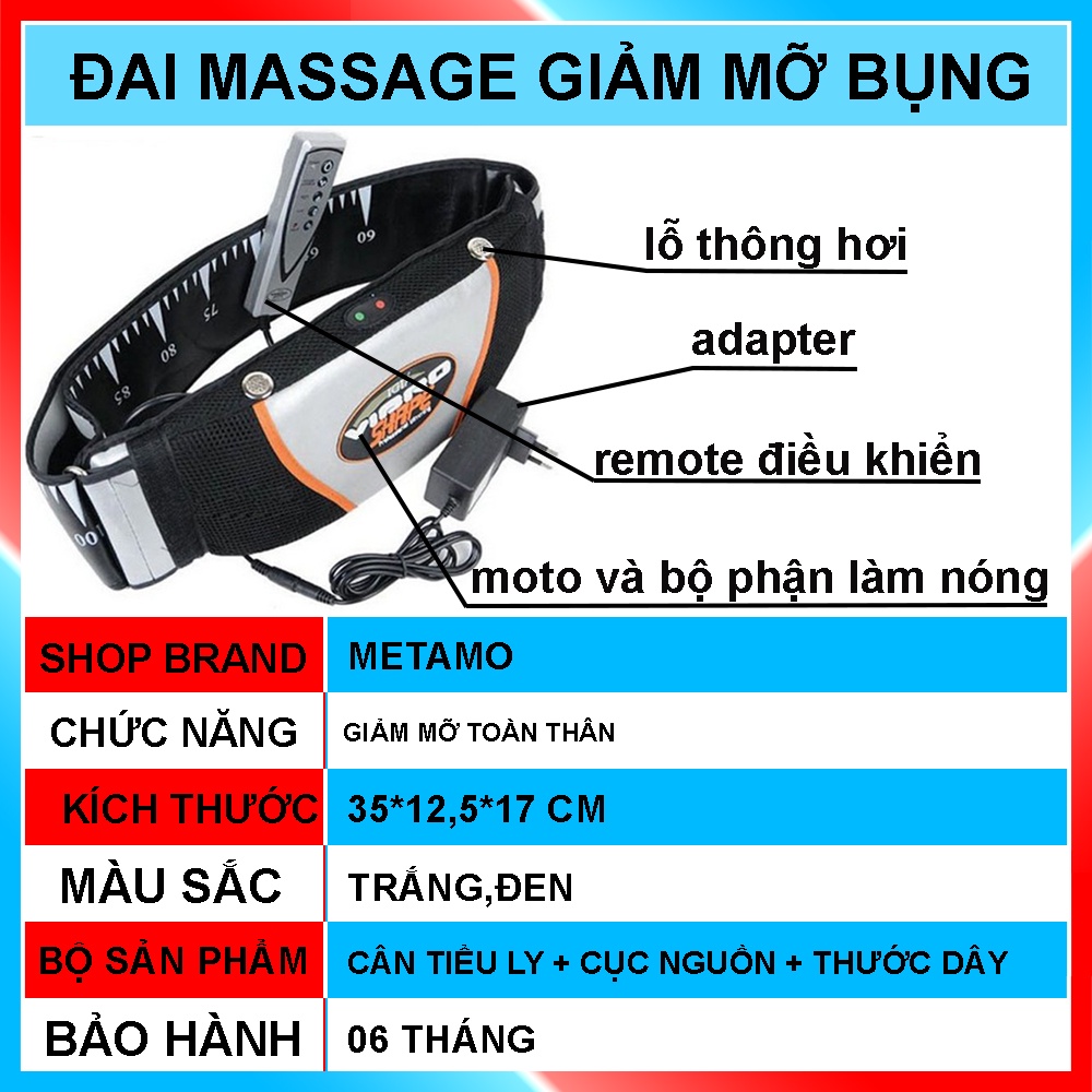 Đai massage giảm mỡ bụng rung nóng METAMO, Máy mát xa đánh tan mỡ toàn thân săn chắc cơ chính hãng