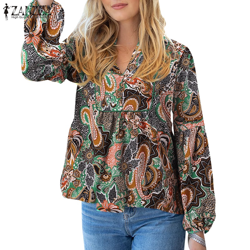 Zanzea Áo Kiểu Babydoll Tay Phồng Họa Tiết Paisley Phong Cách Châu Âu Cho Nữ