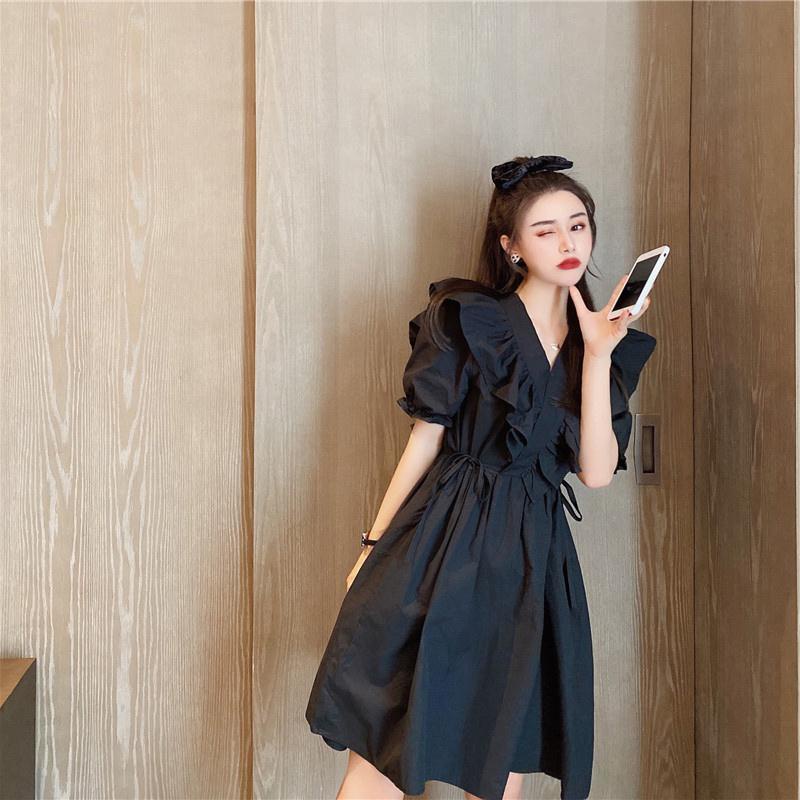 Đầm Đen Tay Phồng Dáng Ôm Thời Trang Mùa Hè Pháp 2022 Cho Nữ