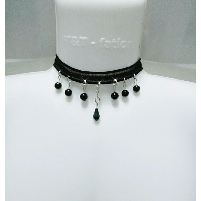 Vòng cổ chocker ren co giãn cao cấp kèm mặt hình hạt đen và hạt pha lê (ảnh thật)