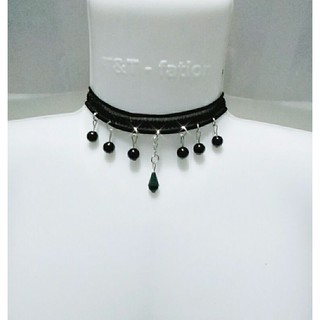 Vòng cổ chocker ren co giãn cao cấp kèm mặt hình hạt đen và hạt pha lê