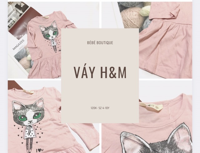 Váy cotton dai tay bé gái hình mèo