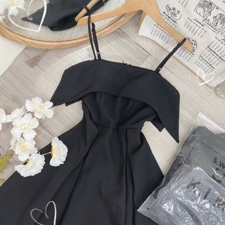 ĐẦM MIDI ĐEN 2 DÂY XẾP LI XOÈ CÚP NGỰC