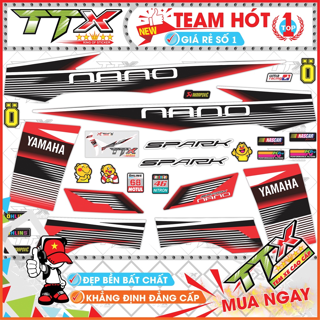 Tem xe nano sirius đỏ trắng đen , Tem dán xe sirius nano spack đen trắng xe đỏ siêu đẹp , Shop Team sirius đỏ