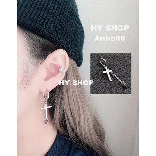 khuyên tai titan mũi nhọn xích phối thánh giá không dị ứng không gỉ - Hoa tai khuyên tai unisex BTS cá tính
