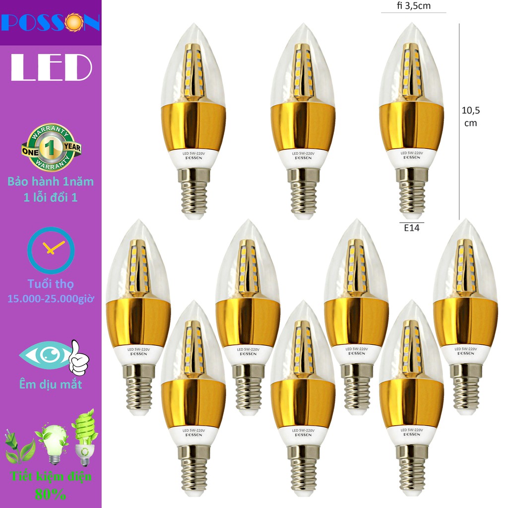 10 Bóng đèn Led nến 5w quả nhót đuôi E14 Posson LCP-5E14x